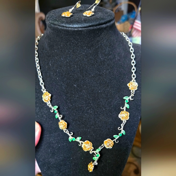Authentic Original Vintage Style Jewelry - Enamel silver floral necklace & earring jewelry set